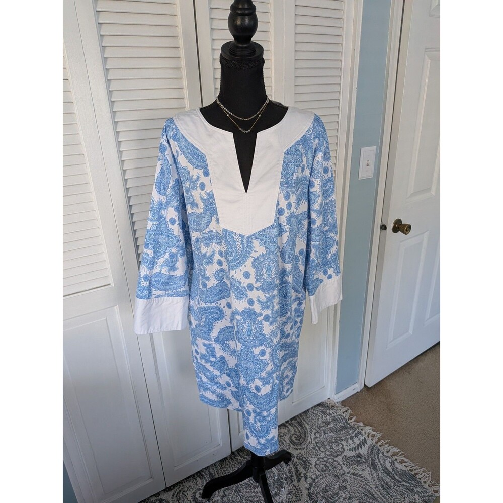 Lilly & Van Dress Women's XL Blue Paisley White Trim Pockets Resort Wear Coastal